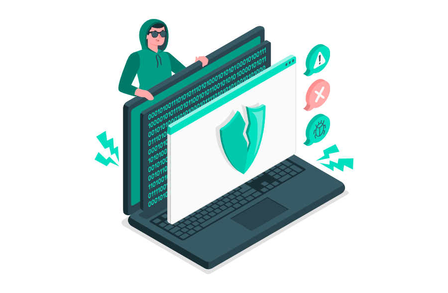 Hacker greift eine PHP-Anwendung an; ein zerbrochenes Schutzschild, Binärcode und Warnsymbole verdeutlichen kritische Sicherheitslücken und die Notwendigkeit von Updates.