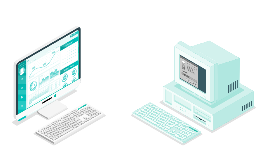Gegenüberstellung eines modernen Computers mit Analyse-Dashboard und eines alten Desktop-PCs – Symbol für die Modernisierung von Legacy-Software sowie deren Risiken und Chancen.