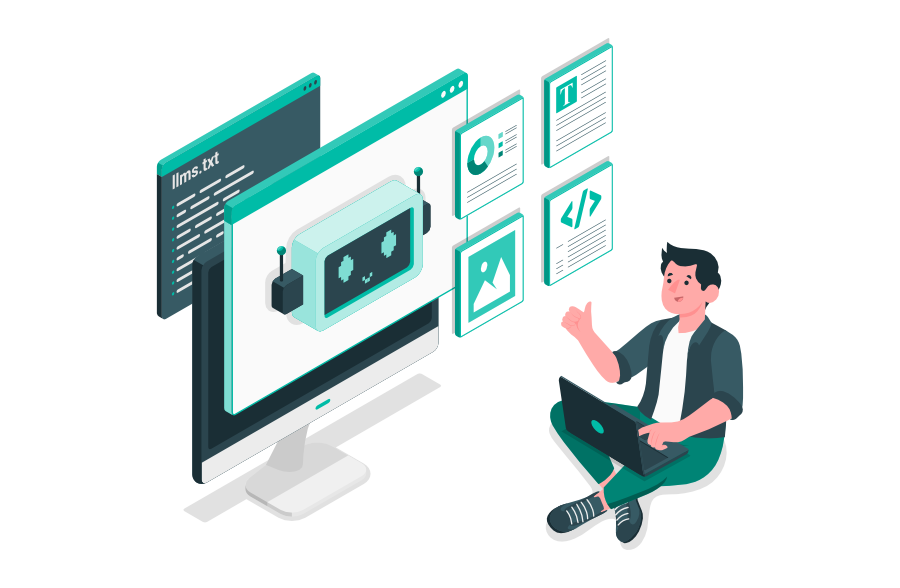 ntwickler arbeitet mit einer llms.txt-Datei, die einer KI strukturierte Website-Inhalte wie Texte, Bilder und Code bereitstellt.