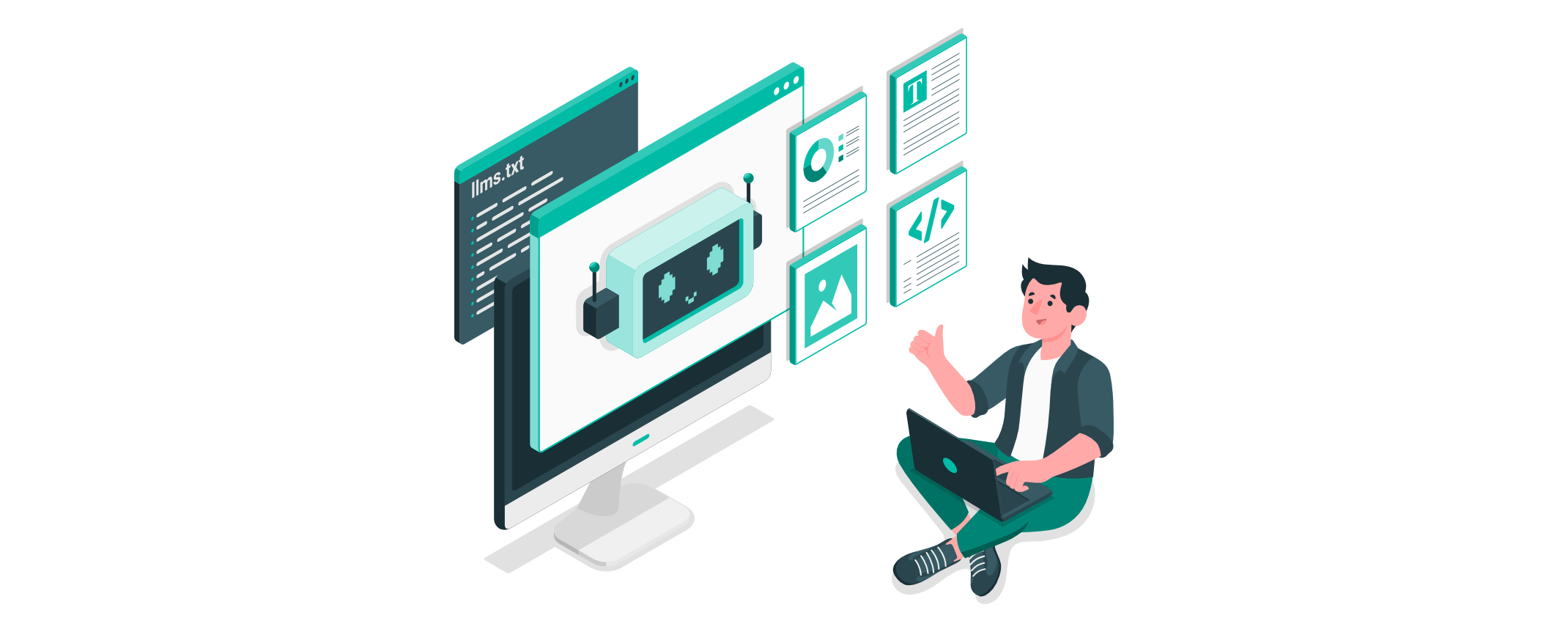 ntwickler arbeitet mit einer llms.txt-Datei, die einer KI strukturierte Website-Inhalte wie Texte, Bilder und Code bereitstellt.