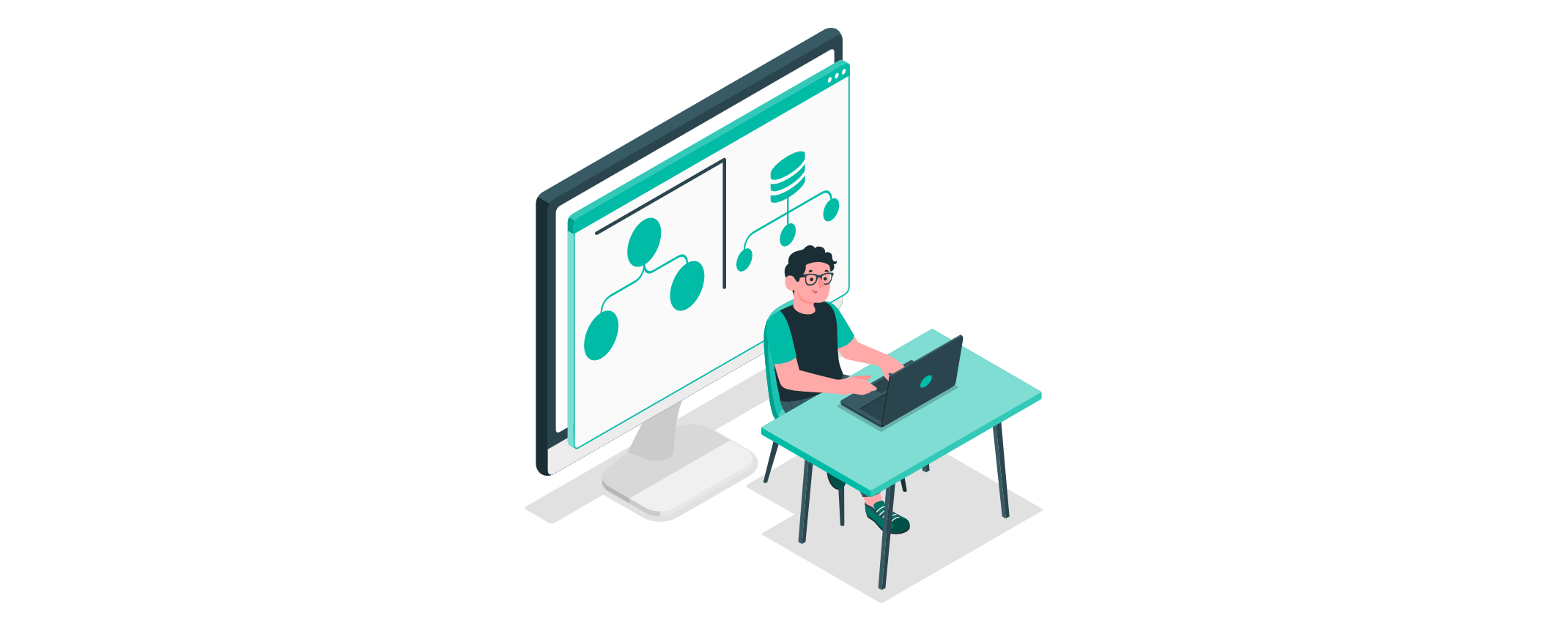 Alt-Attribut: Entwickler arbeitet am Laptop, auf dem großen Bildschirm sind Datenbank- und Baumdiagramme zu sehen – Darstellung einer Multi-Tenant-Architektur im SaaS-Umfeld.