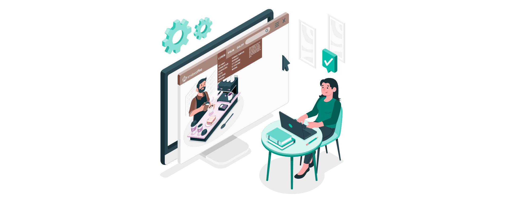 Frau arbeitet am Laptop, während auf einem großen Bildschirm eine Café-Website mit Barista und Menü dargestellt wird; Zahnräder und Häkchen-Symbol im Hintergrund.