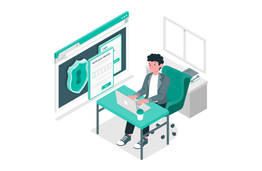 Mann arbeitet am Laptop, während auf dem Bildschirm ein Login-Fenster mit Verifizierung und ein Schild mit Schloss-Symbol angezeigt wird – Darstellung von Passwortsicherheit und Zwei-Faktor-Authentifizierung.
