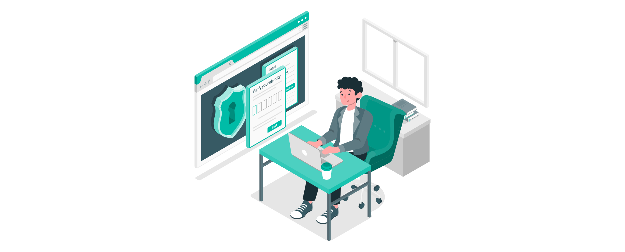 Mann arbeitet am Laptop, während auf dem Bildschirm ein Login-Fenster mit Verifizierung und ein Schild mit Schloss-Symbol angezeigt wird – Darstellung von Passwortsicherheit und Zwei-Faktor-Authentifizierung.