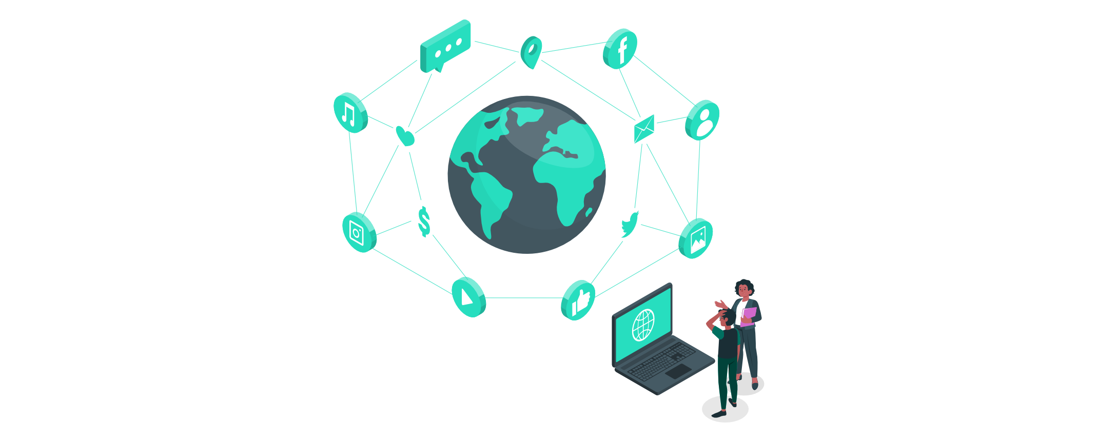 Weltkugel ist von vernetzten Icons umgeben, die Kommunikation und Plattformen darstellen; zwei Personen betrachten die Struktur auf einem Laptop – Symbol für Planung komplexer Webanwendungen.