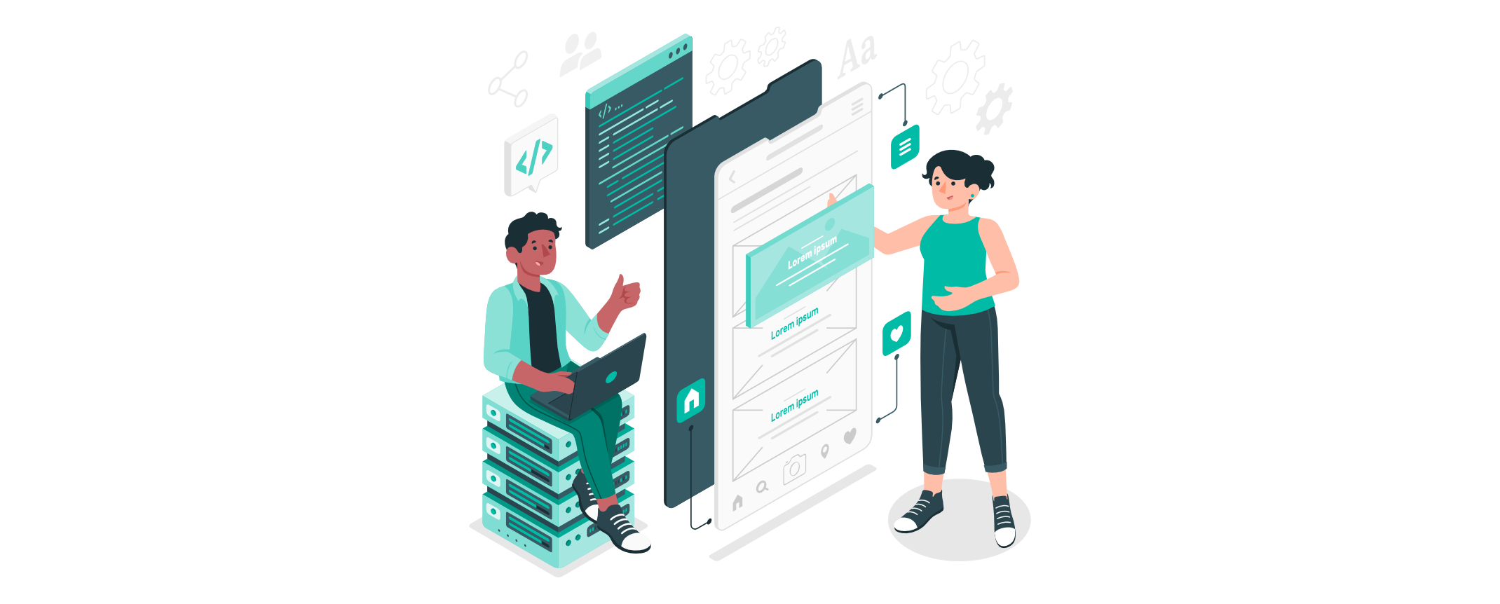 Zwei Personen arbeiten an einer mobilen Website: Code, Design und Inhalte werden gemeinsam strukturiert; Symbole für Technik, Typografie und Prozesse verdeutlichen professionelle Webentwicklung.