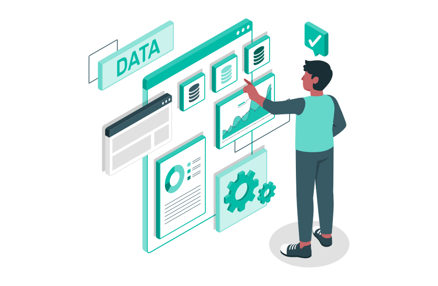 Person interagiert mit einer großen Datenoberfläche voller Diagramme, Datenkarten und Einstellungen, während ein Häkchen die erfolgreiche Datenverwaltung symbolisiert.