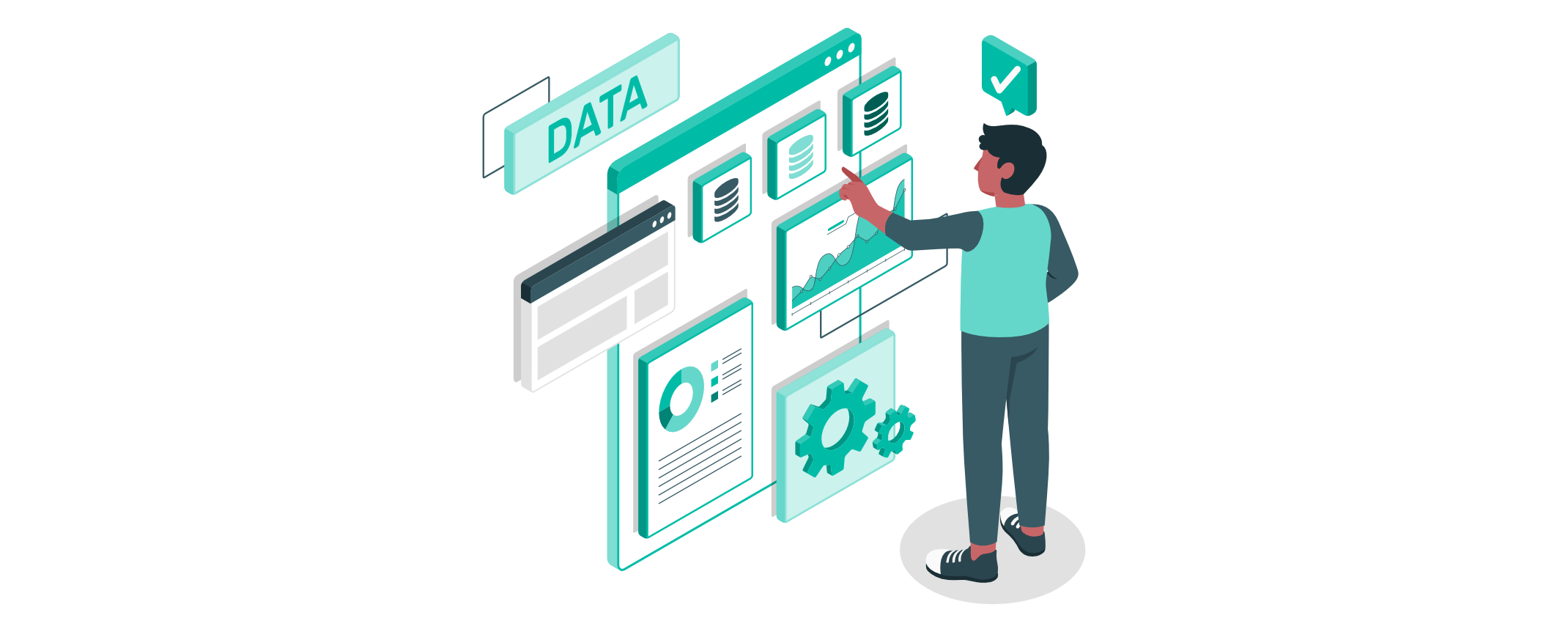 Person interagiert mit einer großen Datenoberfläche voller Diagramme, Datenkarten und Einstellungen, während ein Häkchen die erfolgreiche Datenverwaltung symbolisiert.