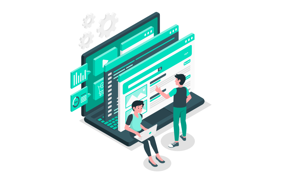 Zwei Personen planen und strukturieren eine Website auf einem großen Bildschirm; Diagramme, Zahnräder und Interface-Elemente symbolisieren die technische Konzeption von Webprojekten.