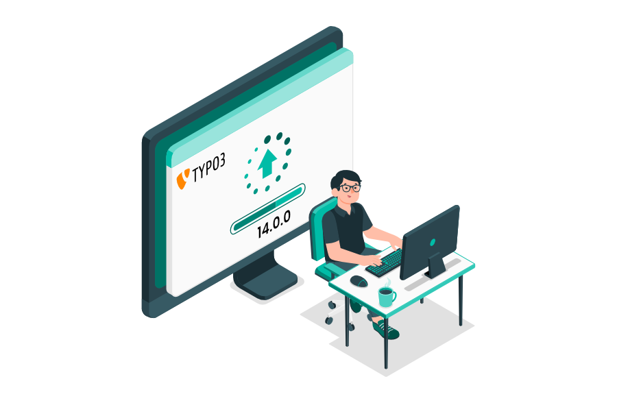 Entwickler sitzt am Schreibtisch vor einem Monitor, auf dem ein TYPO3-Upgrade auf Version 14.0.0 angezeigt wird