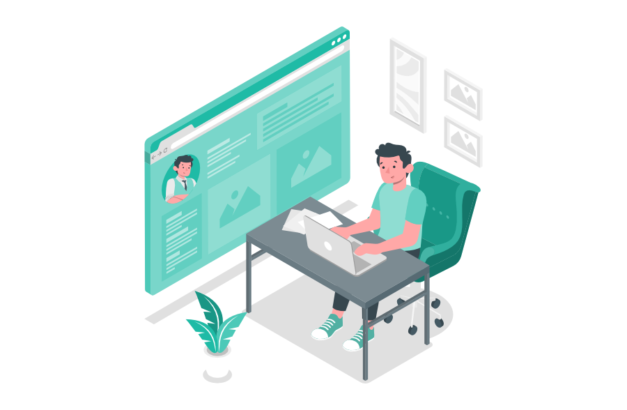 Kunde surft am Laptop auf einer Unternehmenswebsite und betrachtet Informationen, Bilder und Angebote. Die Illustration zeigt die Nutzung einer Website aus Kundensicht.