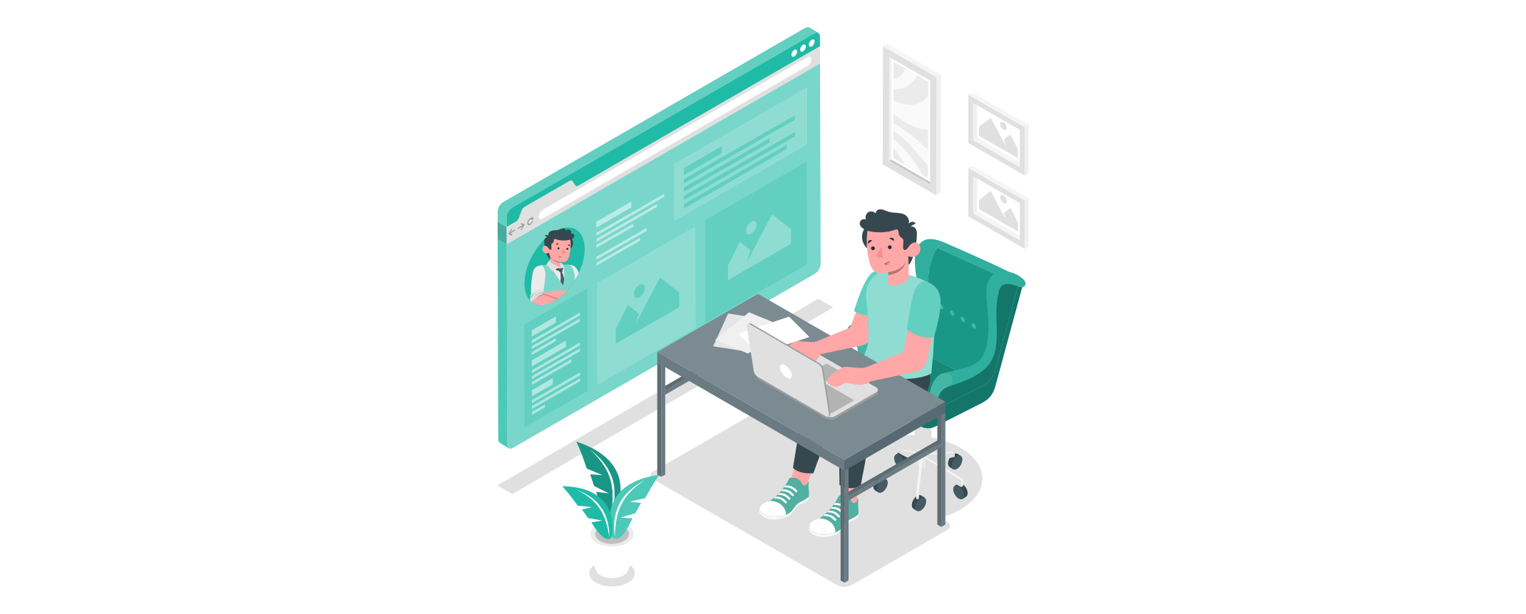 Kunde surft am Laptop auf einer Unternehmenswebsite und betrachtet Informationen, Bilder und Angebote. Die Illustration zeigt die Nutzung einer Website aus Kundensicht.