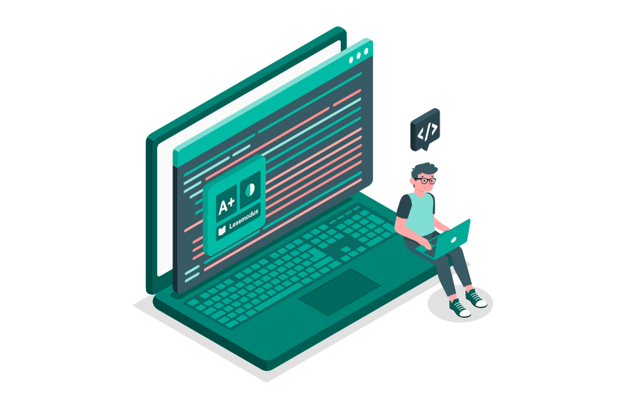 Entwickler sitzt mit Laptop vor einem großen Bildschirm mit Code und Symbolen für Schriftgröße, Kontrast und Lesemodus – sinnbildlich für echte Barrierefreiheit im Code statt durch Overlays.
