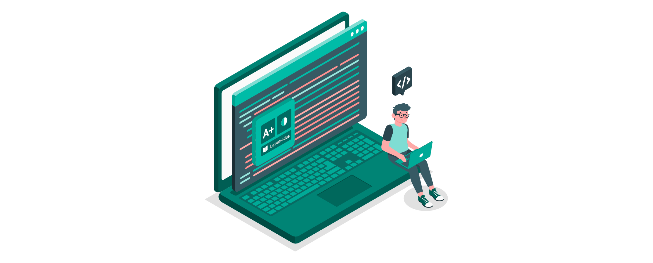 Entwickler sitzt mit Laptop vor einem großen Bildschirm mit Code und Symbolen für Schriftgröße, Kontrast und Lesemodus – sinnbildlich für echte Barrierefreiheit im Code statt durch Overlays.