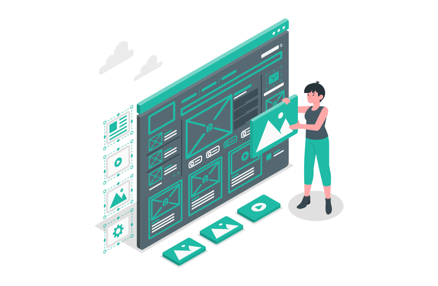 Person erstellt und ordnet UI-Komponenten auf einem großen Interface; Karten, Bilder und Icons werden platziert – Symbol für Designsysteme und konsistente Webgestaltung.
