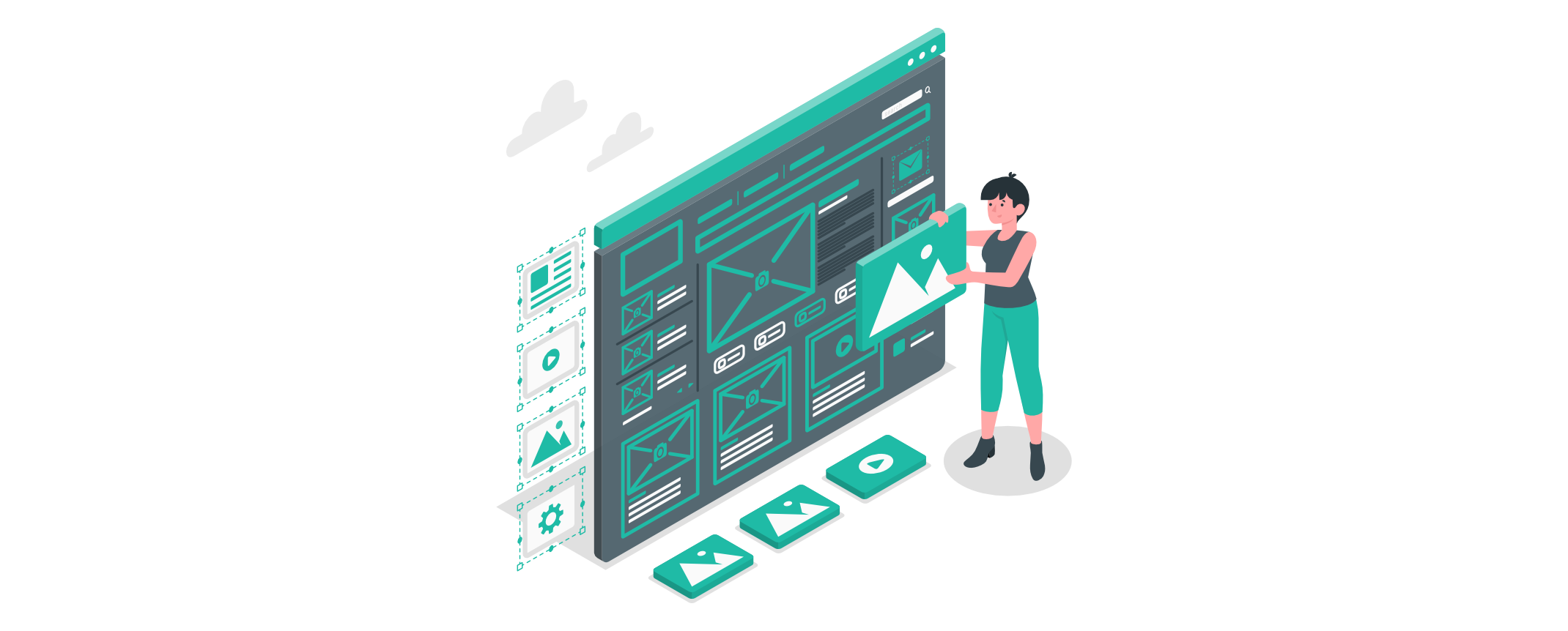 Person erstellt und ordnet UI-Komponenten auf einem großen Interface; Karten, Bilder und Icons werden platziert – Symbol für Designsysteme und konsistente Webgestaltung.