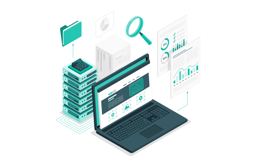 Laptop mit Website, Server, Datenanalysen und Dokumenten veranschaulicht eine Website als zentrale Plattform für Prozesse, Daten und Unternehmenserfolg.