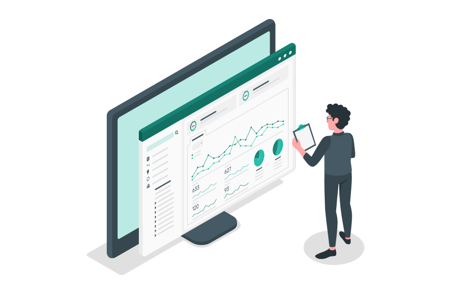 Person steht vor einem großen Monitor mit Analyse-Dashboard, das Diagramme, Statistiken und Kreisdiagramme zeigt, und macht Notizen auf einem Tablet oder Klemmbrett.