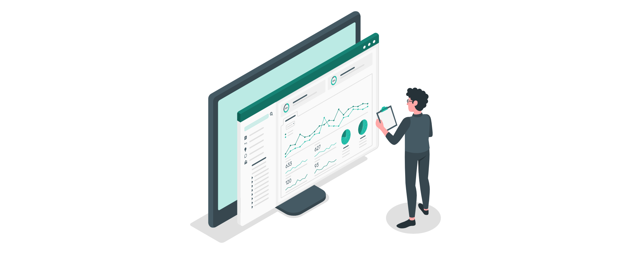 Person steht vor einem großen Monitor mit Analyse-Dashboard, das Diagramme, Statistiken und Kreisdiagramme zeigt, und macht Notizen auf einem Tablet oder Klemmbrett.