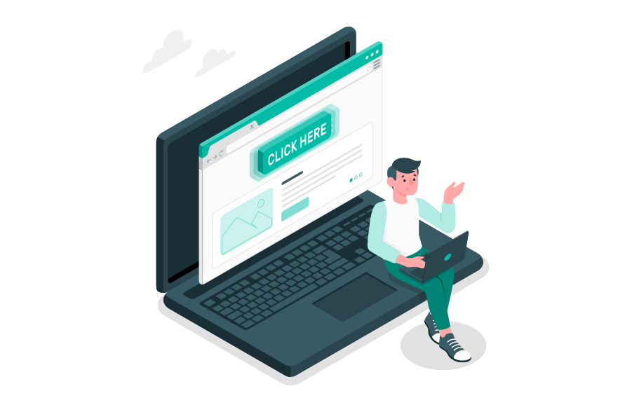 Person sitzt mit Laptop vor einem Bildschirm, auf dem eine Website mit einem großen, animierten „Click Here“-Button dargestellt ist.