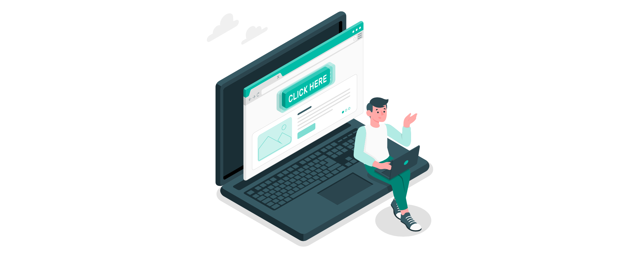 Person sitzt mit Laptop vor einem Bildschirm, auf dem eine Website mit einem großen, animierten „Click Here“-Button dargestellt ist