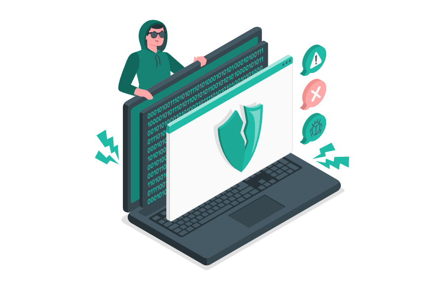 Hacker greift WordPress-Seite an. Laptop mit WP-Schutzschild, dahinter Code. Symbole für Warnung, Fehler und Malware deuten auf Sicherheitslücke und Angriff hin.