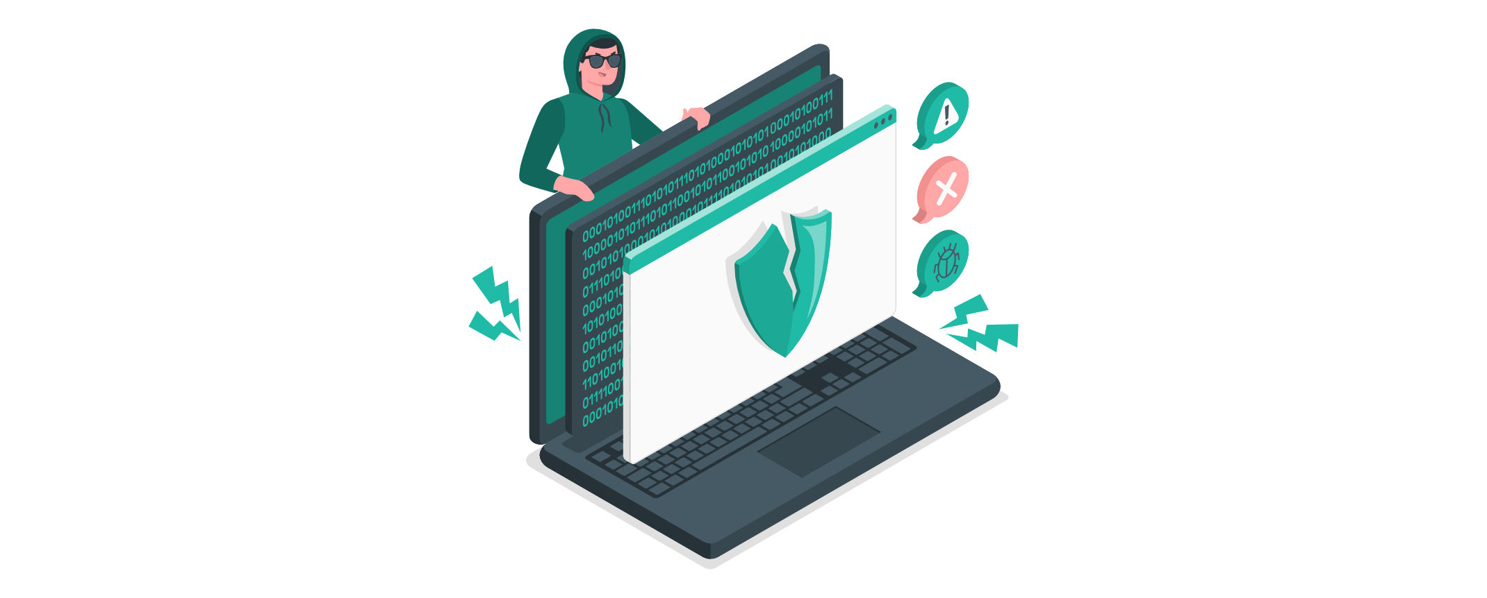 Hacker greift WordPress-Seite an. Laptop mit WP-Schutzschild, dahinter Code. Symbole für Warnung, Fehler und Malware deuten auf Sicherheitslücke und Angriff hin.