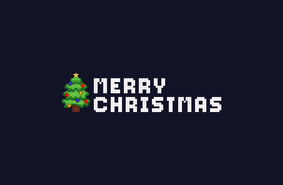 Verpixelter Text „MERRY CHRISTMAS“ mit einem verpixelten Weihnachtsbaum