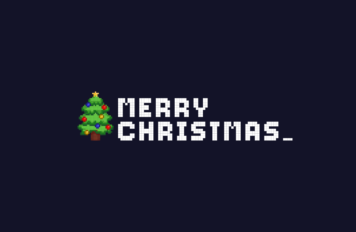 Verpixelter Text „MERRY CHRISTMAS“ mit einem verpixelten Weihnachtsbaum